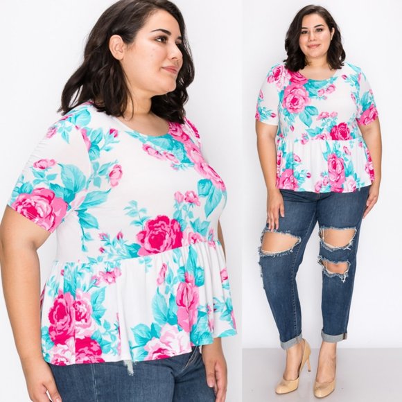 1x-3x Plus powder blue& pink  frill hem tunic top - Picture 2 of 7